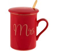 Кружка фарфоровая Coffee Prelude "Mrs" 380мл с крышкой и ложкой, красная