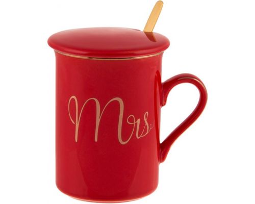 Кружка фарфоровая Coffee Prelude "Mrs" 380мл с крышкой и ложкой, красная Кружка фарфоровая Coffee Prelude "Mrs" 380мл с крышкой и ложкой, красная