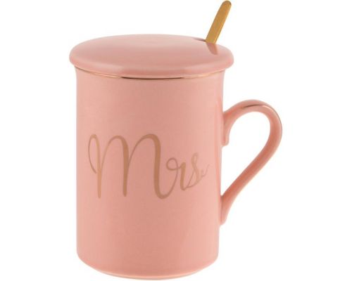 Кружка фарфоровая Coffee Prelude "Mrs" 380мл с крышкой и ложкой, розовая Кружка фарфоровая Coffee Prelude "Mrs" 380мл с крышкой и ложкой, розовая