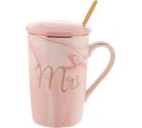 Кружка фарфоровая Coffee Prelude "Mrs" 420мл с крышкой и ложкой, розовый мрамор