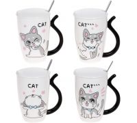 Кружка фарфоровая "Funny Cats" 380мл с крышкой и ложкой, 4 дизайна