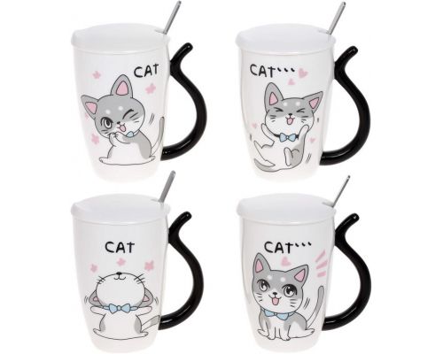 Кружка фарфоровая "Funny Cats" 380мл с крышкой и ложкой, 4 дизайна Кружка фарфоровая "Funny Cats" 380мл с крышкой и ложкой, 4 дизайна