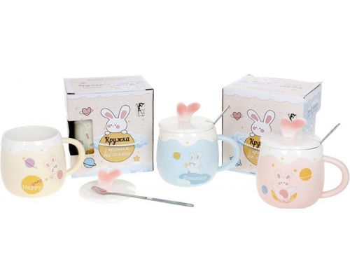 Кружка фарфоровая "Funny Rabbits" 430мл с крышкой и ложкой, 4 дизайна Кружка фарфоровая "Funny Rabbits" 430мл с крышкой и ложкой, 4 дизайна