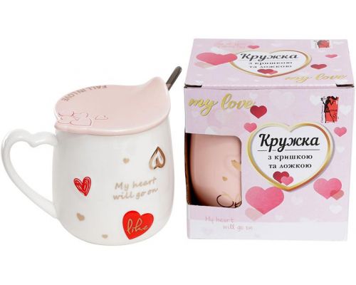 Кружка фарфоровая "In love" 420мл с крышкой и ложкой Кружка фарфоровая "In love" 420мл с крышкой и ложкой