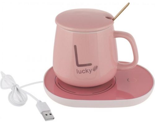 Кружка фарфоровая "Lucky" 400мл с подогревом от USB, розовая, с крышкой и ложечкой Кружка фарфоровая "Lucky" 400мл с подогревом от USB, розовая, с крышкой и ложечкой
