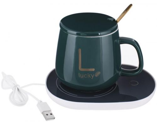 Кружка фарфоровая "Lucky" 400мл с подогревом от USB, зеленая, с крышкой и ложечкой Кружка фарфоровая "Lucky" 400мл с подогревом от USB, зеленая, с крышкой и ложечкой