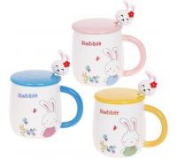 Кружка фарфоровая "Rabbit" 430мл с крышкой и ложкой, 3 дизайна