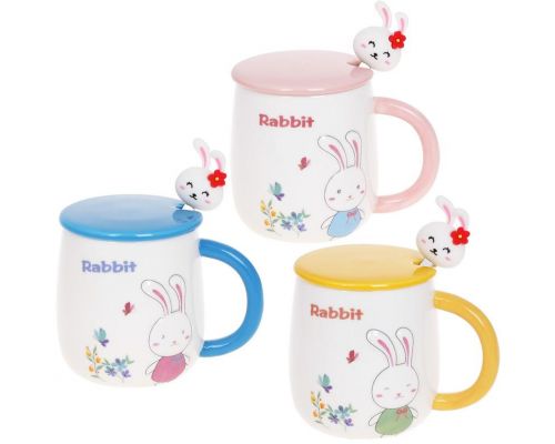 Кружка фарфоровая "Rabbit" 430мл с крышкой и ложкой, 3 дизайна Кружка фарфоровая "Rabbit" 430мл с крышкой и ложкой, 3 дизайна