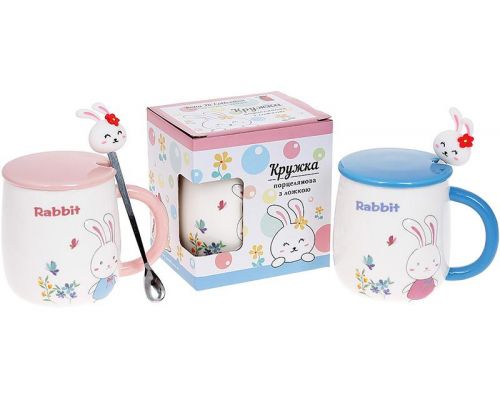 Кружка фарфоровая "Rabbit" 430мл с крышкой и ложкой, 3 дизайна Кружка фарфоровая "Rabbit" 430мл с крышкой и ложкой, 3 дизайна
