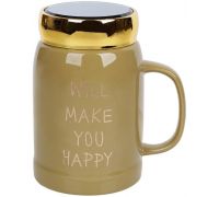 Кружка фарфоровая "Will make you happy" 550мл с крышкой, цвет хаки