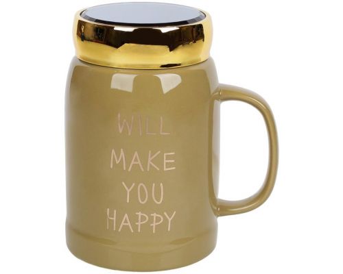 Кружка фарфоровая "Will make you happy" 550мл с крышкой, цвет хаки Кружка фарфоровая "Will make you happy" 550мл с крышкой, цвет хаки