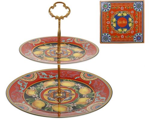 Фуршетная стойка Sicilia "Ornamento" (Орнамент) Ø27см и Ø19см, фарфоровая 2-х ярусная фруктовница