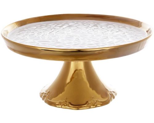 Тортовница на ноге фарфоровая Gold Luxury Ø24см, белый фарфор