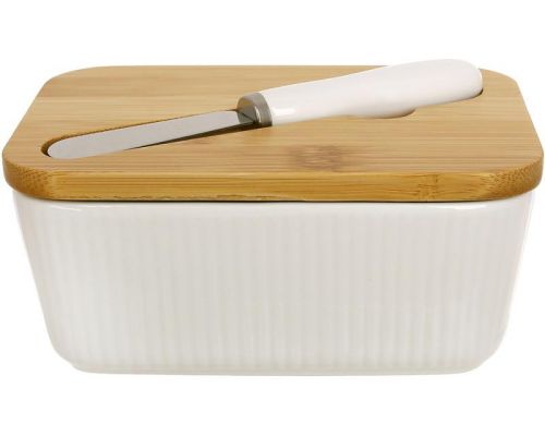Масленка фарфоровая Nouvelle Home с бамбуковой крышкой и ножом для масла, 14х10х6см