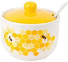 Керамическая сахарница с керамической ложкой "Sweet Honey" 450мл, белая с желтым
