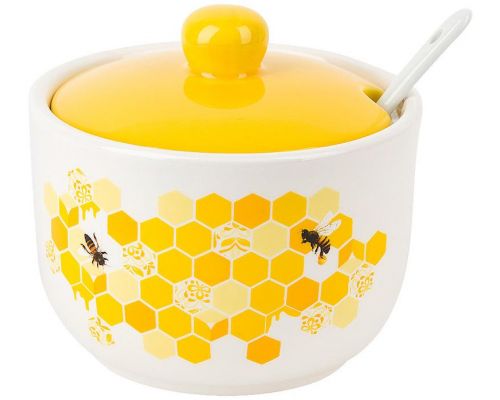 Керамическая сахарница с керамической ложкой "Sweet Honey" 450мл, белая с желтым