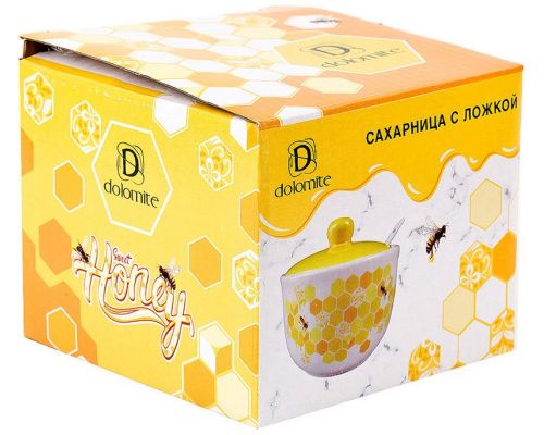 Керамическая сахарница с керамической ложкой "Sweet Honey" 450мл, белая с желтым