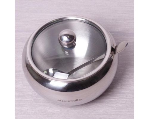 Сахарница Kamille 460мл нержавейка с ложкой и стеклянной крышкой Сахарница Kamille 460мл нержавейка с ложкой и стеклянной крышкой