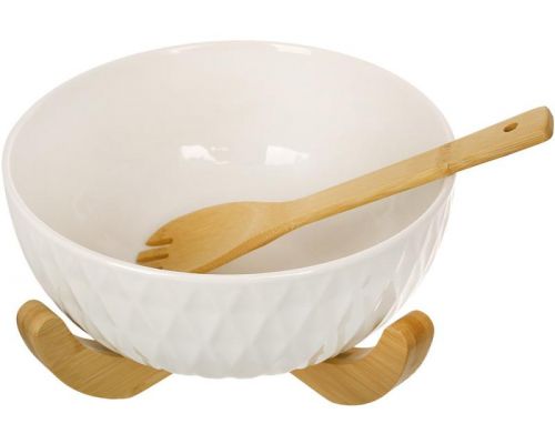 Салатница фарфоровая Ceram-Bamboo "Romb" 3л на бамбуковой подставке и салатной ложкой