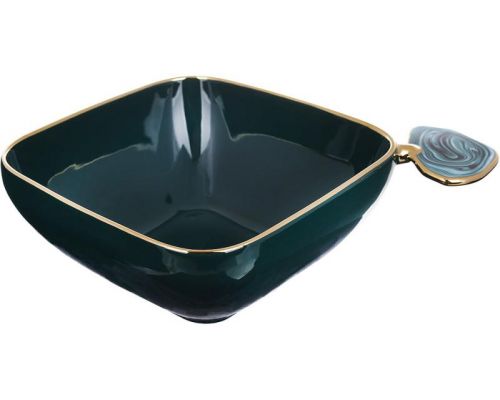 Салатница фарфоровая "Gold Line" 1500мл с декоративной ручкой, квадратная, зеленая