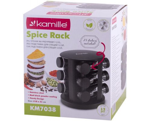 Набор емкостей для специй Kamille Spice Rak Black 12 спецовников на круглой подставке Набор емкостей для специй Kamille Spice Rak Black 12 спецовников на круглой подставке