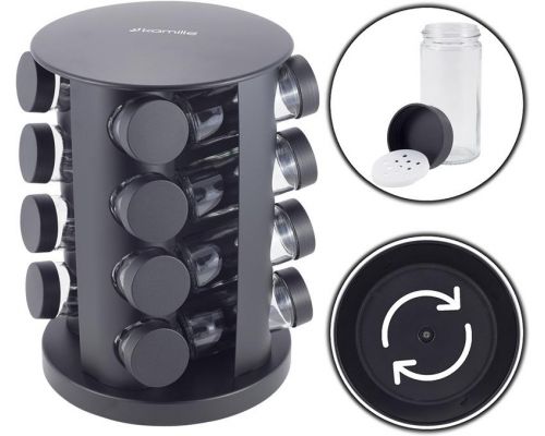 Набор емкостей для специй Kamille Spice Rak Black 16 спецовников на круглой подставке