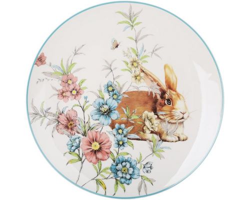 Набор 6 фарфоровых тарелок Happy Rabbit Ø27см, круглые с голубой каймой